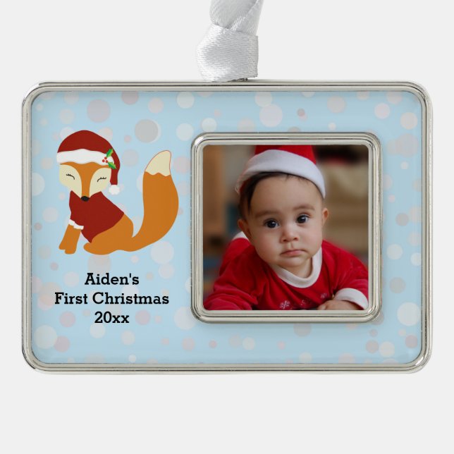 Festive Baby Fox First Christmas Holiday Ornament (Front)