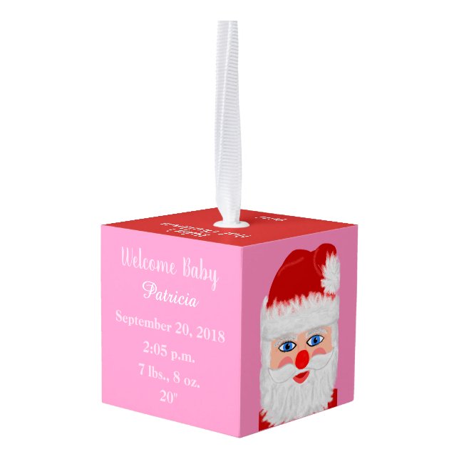 Festive Baby Girl Birth Stats Santa Cube Ornament (Back Angled)