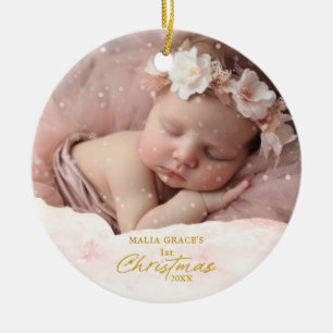 Festive Baby's 1st Christmas Snow Flurry Photo Ceramic Ornament