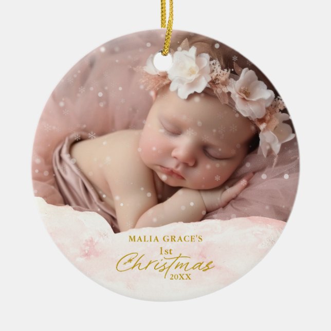 Festive Baby's 1st Christmas Snow Flurry Photo Ceramic Ornament (Front)