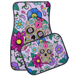 Festive background with sugar skulls, heart and fl car floor mat