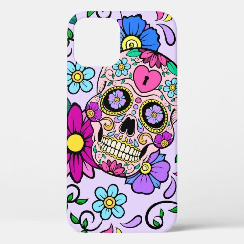 Festive background with sugar skulls heart and fl iPhone 12 case