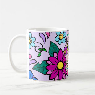 Festive background with sugar skulls, heart and fl coffee mug