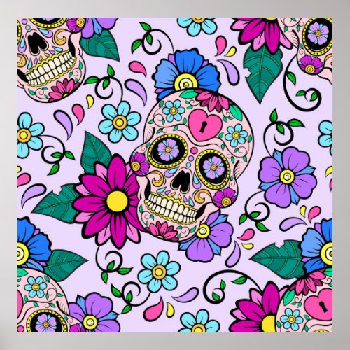 Festive background with sugar skulls heart and fl poster