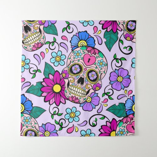 Festive background with sugar skulls heart and fl tapestry