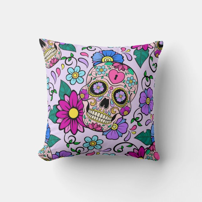 Festive background with sugar skulls, heart and fl throw pillow (Front)