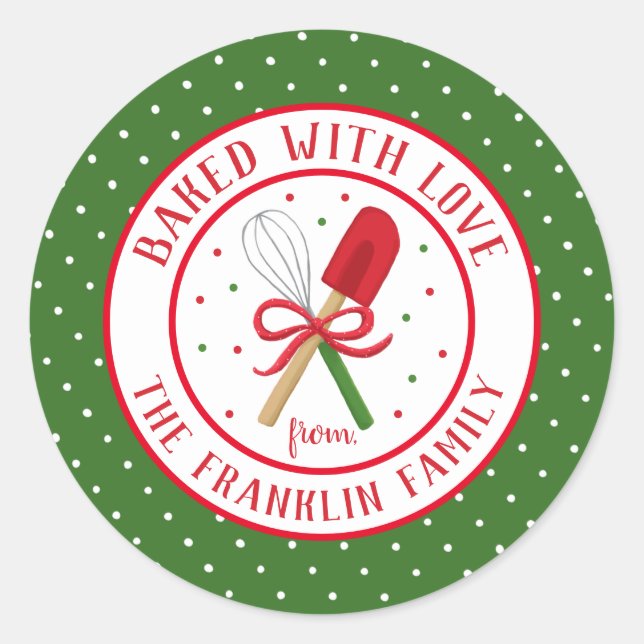 Festive Baked with Love Personalized Holiday Class Classic Round Sticker (Front)