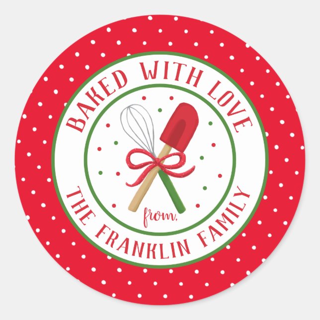 Festive Baked with Love Personalized Holiday Classic Round Sticker (Front)