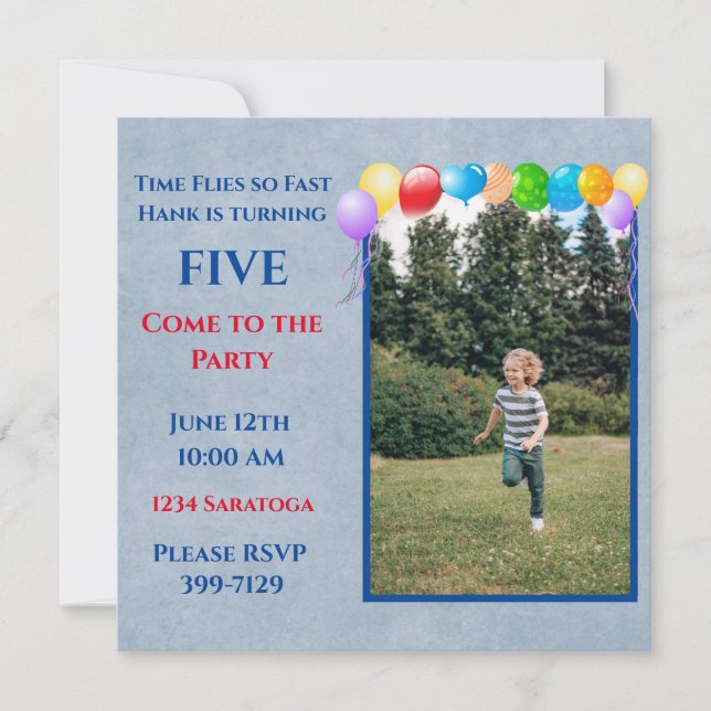 Festive Balloons Photo Blue Boy's Birthday Party Invitation (Front)