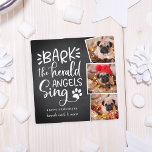 Festive Barks | Square Holiday Pet Photo Card<br><div class="desc">Cute whimsical holiday photo card in a unique square shape features three favorite pet photos in a collage layout. "Bark! The herald angels sing" appears to the left in white hand lettered typography on a chalkboard background accented with a dog paw print illustration. Personalize with your custom greeting and names...</div>
