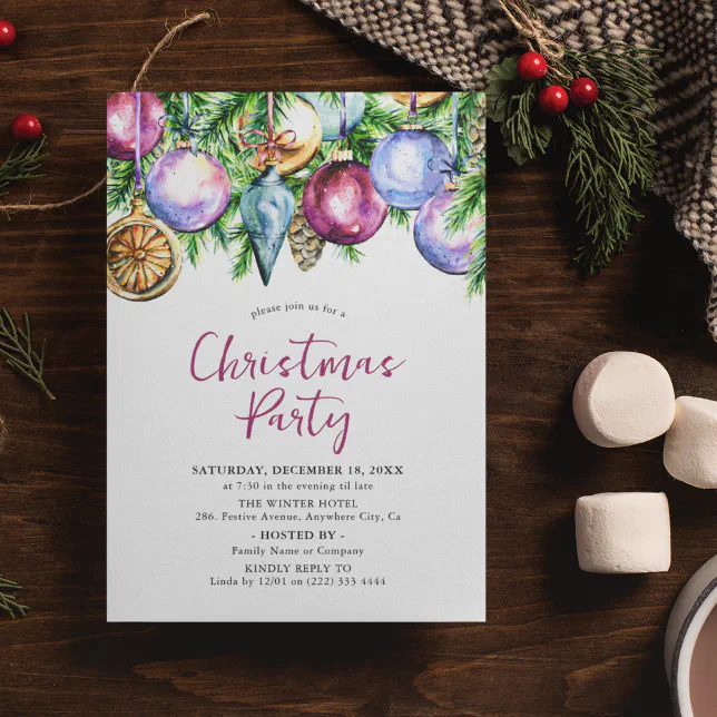 Festive Bauble Watercolor Christmas Party Invitation | Zazzle