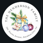 Festive Bauble Watercolor Christmas Return Address Classic Round Sticker<br><div class="desc">A festive return address label. Design features a watercolor image of gifts,  fir sprigs and baubles,  family name and address.</div>