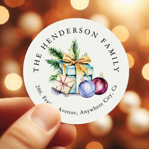 Festive Bauble Watercolor Christmas Return Address Classic Round Sticker