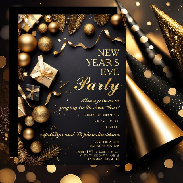 Festive Baubles Black Gold New Years Eve Party Foil Invitation (Festive Baubles Black and Gold Tone with Real Gold Foil Text New Year's Eve Party Invitation)
