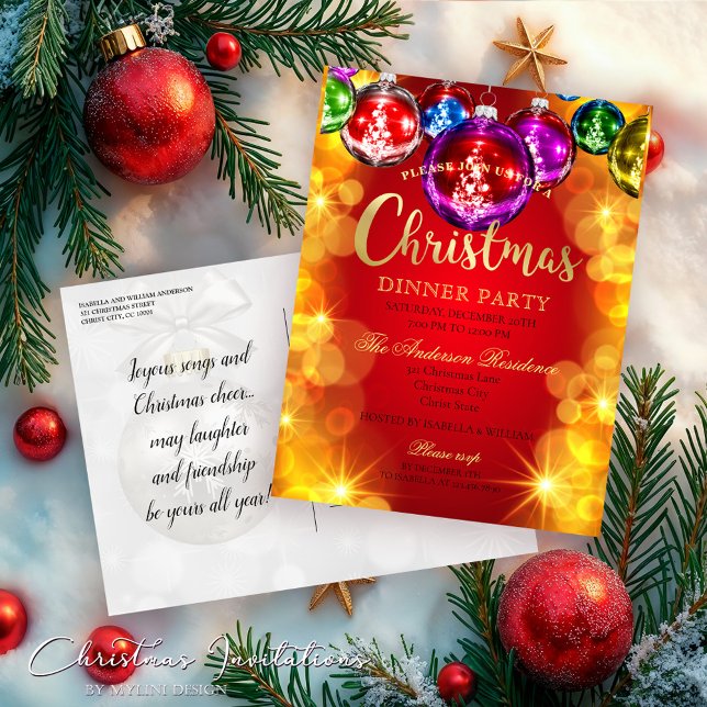 Festive Baubles Christmas Dinner Party Invitation Postcard (Creator Uploaded)