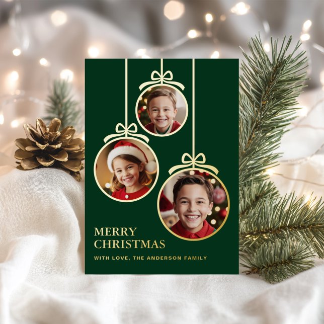 Festive Baubles Photo Frame Evergreen Foil Holiday Card (Creator Uploaded)