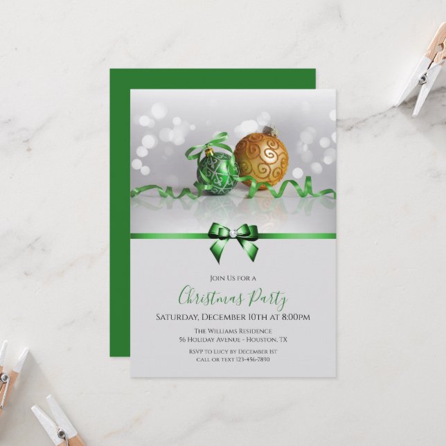 Festive Baubles, Ribbons & Jewel Bow Christmas Invitation (Front/Back In Situ)