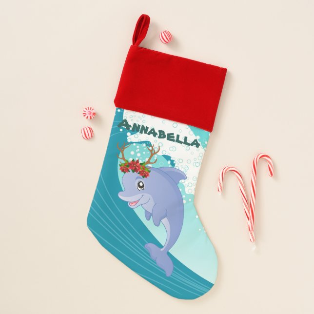 Festive beach Christmas dolphin add name stocking (Front)