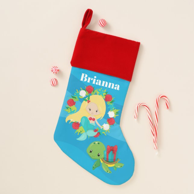 Festive beach mermaid turtle add name christmas stocking (Front)