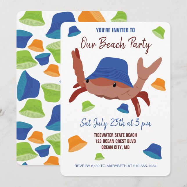 Festive Beach Party Crab in a Hat Invitation (Front/Back)