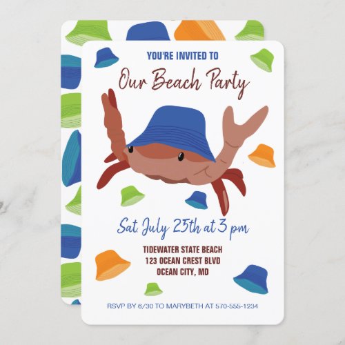 Festive Beach Party Crab in a Hat Invitation