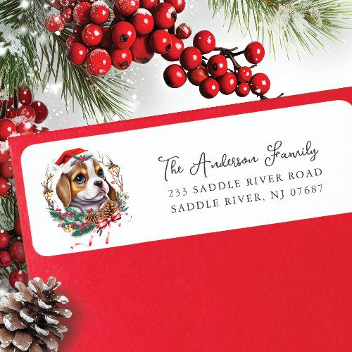 Festive Beagle Dog in Santa Hat  Return Address Label