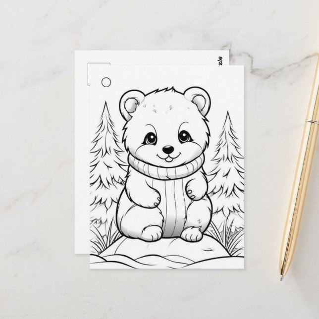 Festive bear kids coloring Postcard (Front/Back In Situ)