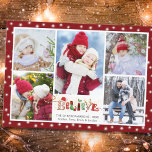 Festive BELIEVE Christmas Spirit 5 Photo Collage Holiday Card<br><div class="desc">Christmas photo holiday greeting card with a photo collage of 5 pictures featuring a festive BELIEVE typography title filled with Christmas spirit with cute and whimsical Christmas icons like Santa, elves and reindeer, etc. and white holiday fairy or twinkle lights and your choice of background color (the sample shows a...</div>