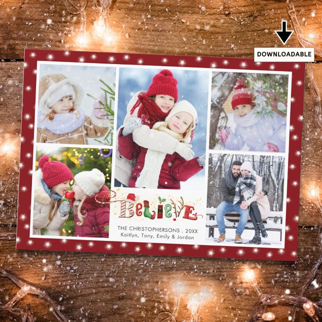 Festive BELIEVE Christmas Spirit 5 Photo Collage Holiday Card (Creator Uploaded)