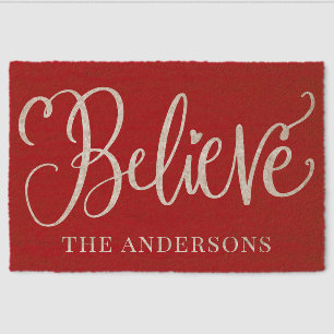 Festive Believe Script Christmas Holiday Winter Fiber Doormat