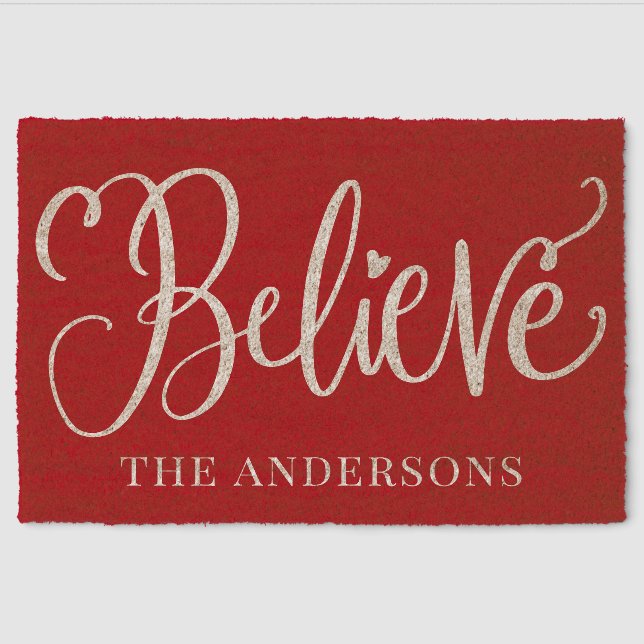 Festive Believe Script Christmas Holiday Winter Fiber Doormat (Front)