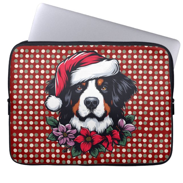 Festive Bernese Dog with Santa Hat and Florals Laptop Sleeve (Front)