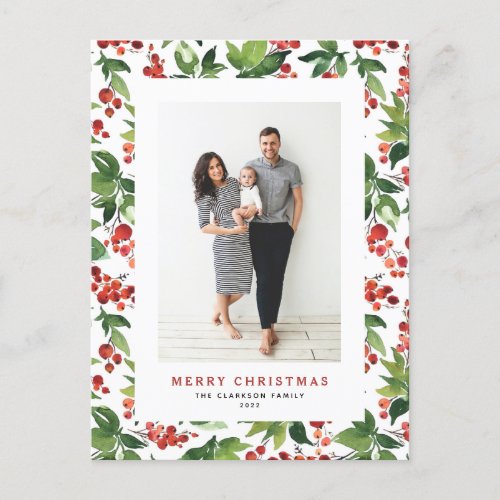 Festive Berries and Greenery Merry Christmas Photo Holiday Postcard