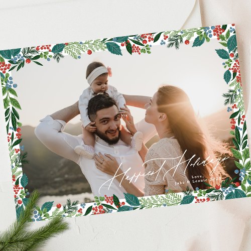 festive berries frame classic green red HAPPIEST Holiday Card