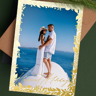 festive berries traditional gold frame HAPPIEST Foil Holiday Card