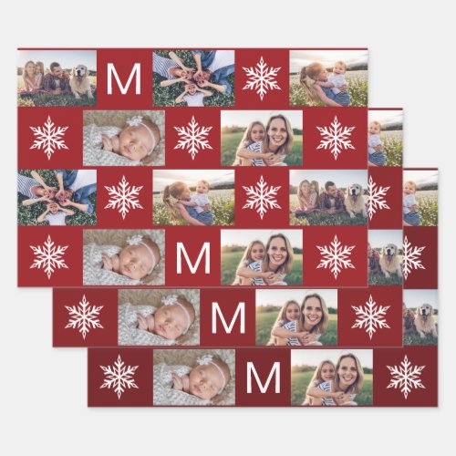 Festive Berry Snowflakes Monogram Photo Collage Wrapping Paper Sheets