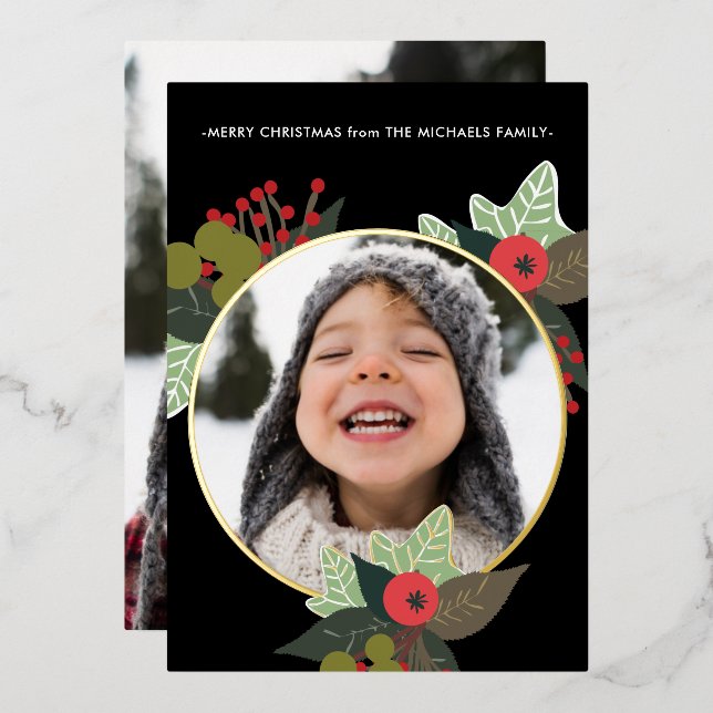 Festive Berry Wreath with Circle Photo Christmas Foil Invitation (Front/Back)
