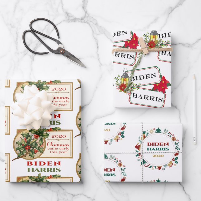 Festive Biden Harris 2020 Christmas Wrapping Paper Sheets (Front)