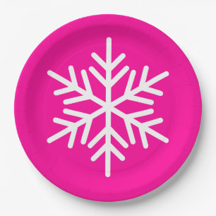Festive Big White Alpine Snowflake On Bright Pink Paper Plates
