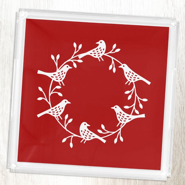 Festive Bird and Flower Scandi Wreath Acrylic Tray (Red and white Scandinavian bird wreath festive acrylic tray)