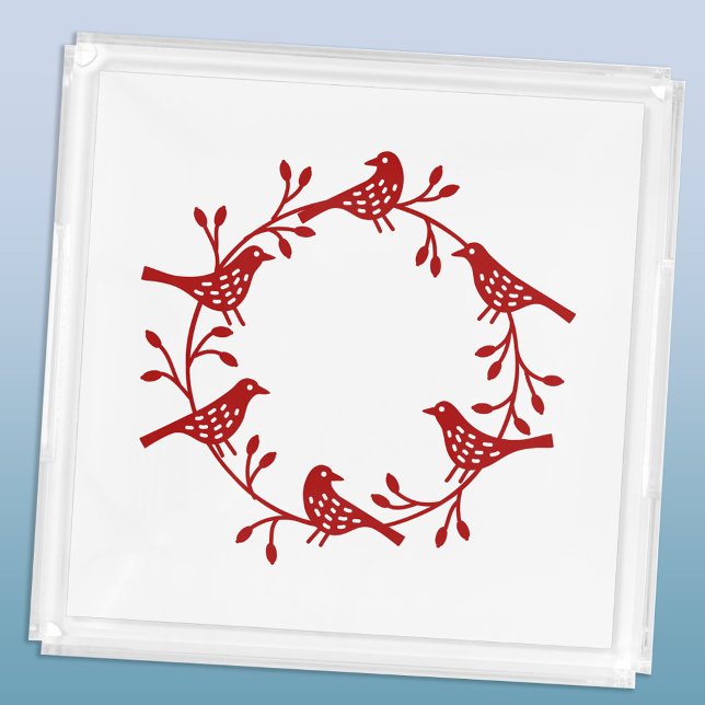 Festive Bird and Flower Scandi Wreath Acrylic Tray (Scandinavian red and white bird wreath acrylic tray)