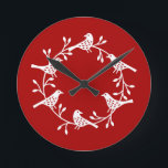 Festive Bird and Flower Scandi Wreath Round Clock<br><div class="desc">A modern Scandinavian bird and flower wreath. Festive white on red.</div>