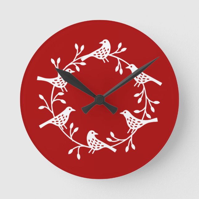 Festive Bird and Flower Scandi Wreath Round Clock (Front)