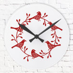 Festive Bird and Flower Scandi Wreath Round Clock<br><div class="desc">A modern Scandinavian bird and flower wreath. Red on white.</div>