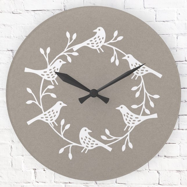 Festive Bird and Flower Scandi Wreath Round Clock (Scandinavian folk art style white and neutral beige bird wall clock)