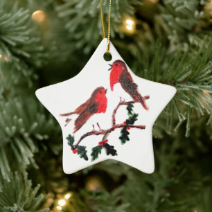 Festive Bird Art, Robin Holly Ceramic Ornament