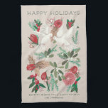 Festive birds holiday kitchen towel<br><div class="desc">Beautiful painted doves surrounded by Christmas green foliage and flowers,  hand lettered peace on earth. Original artwork by Caroline Bonne Müller</div>