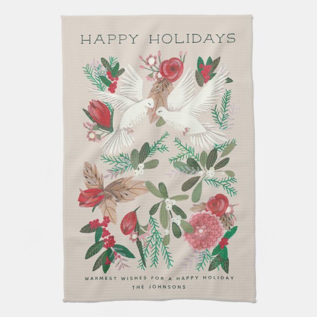 Festive birds holiday kitchen towel (Vertical)