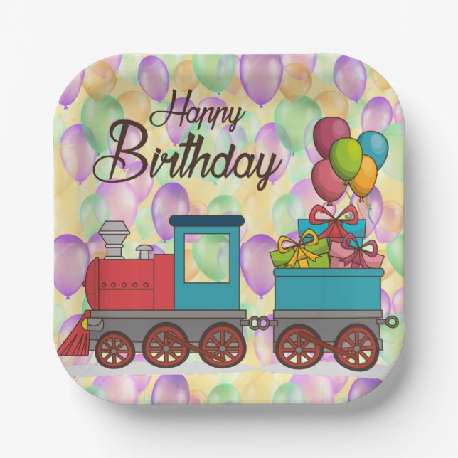 Festive Birthday  Balloon Train Birthday Paper Plates (Front)
