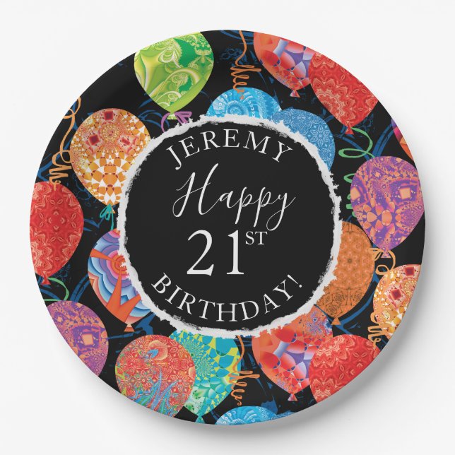 Festive Birthday Balloons Add Name and Age Paper Plates (Front)